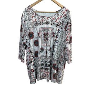 Catherines Tunic Top 2X Mesh Layered 3/4 Sleeve‎ White Floral Scoop Neck Womens